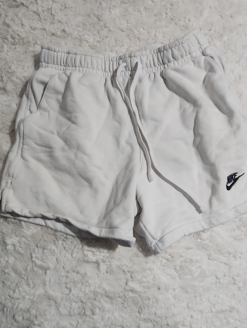 Nike White Fleece Drawstring Lounge Shorts with Black Swoosh